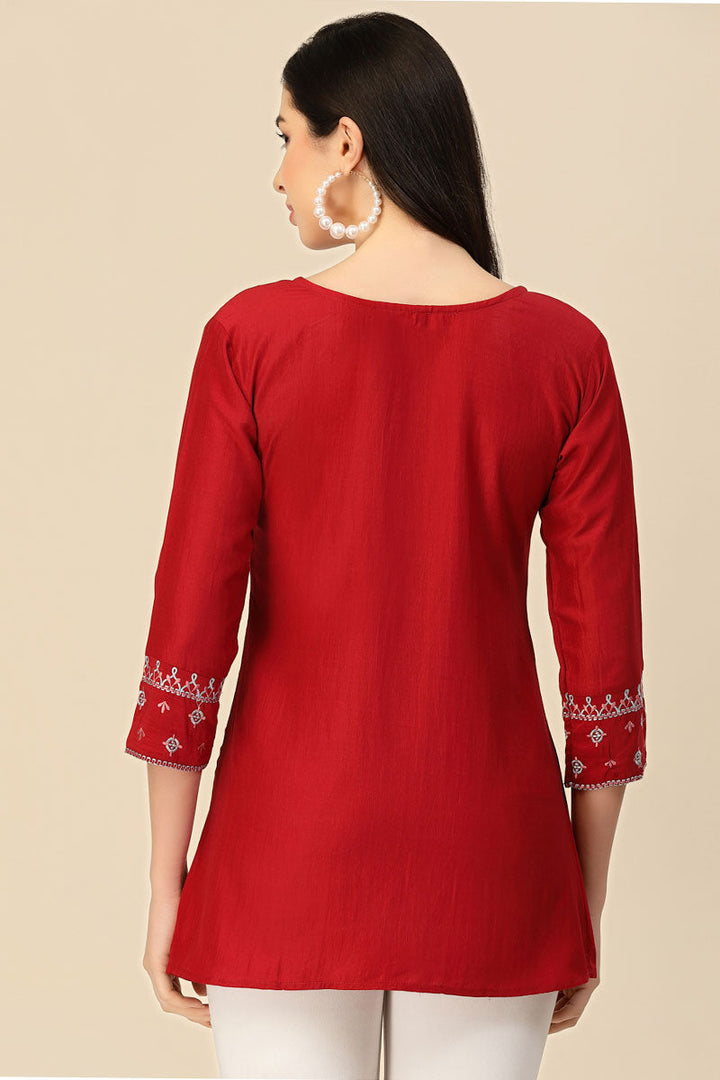 Red Embroidered Chinon Readymade Short Kurti