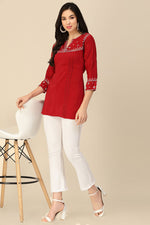 Load image into Gallery viewer, Red Embroidered Chinon Readymade Short Kurti