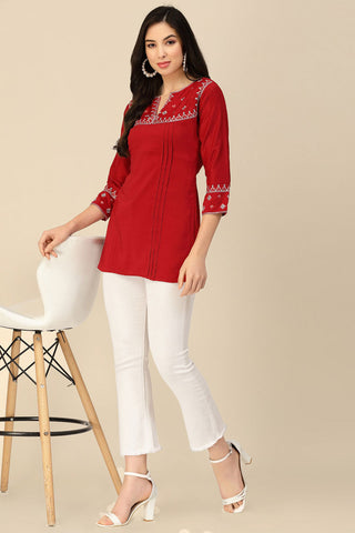 Red Embroidered Chinon Readymade Short Kurti