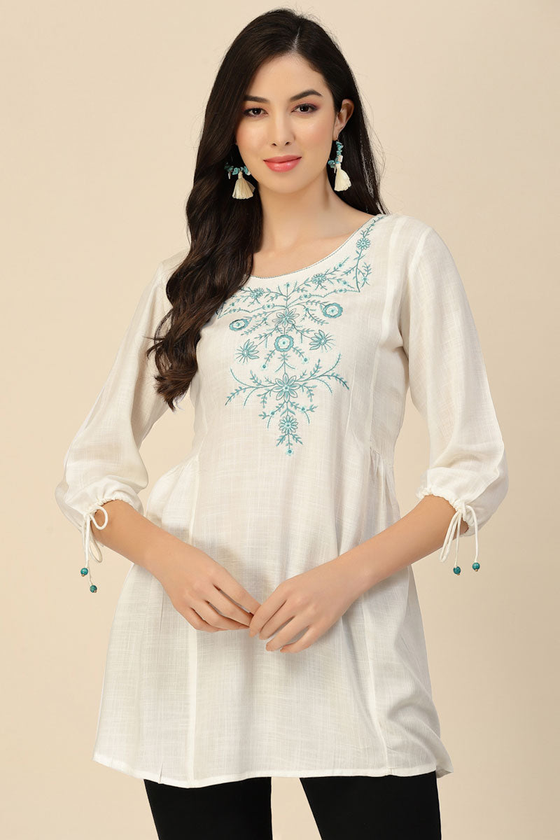 White Color Embroidered Rayon Readymade Short Kurti