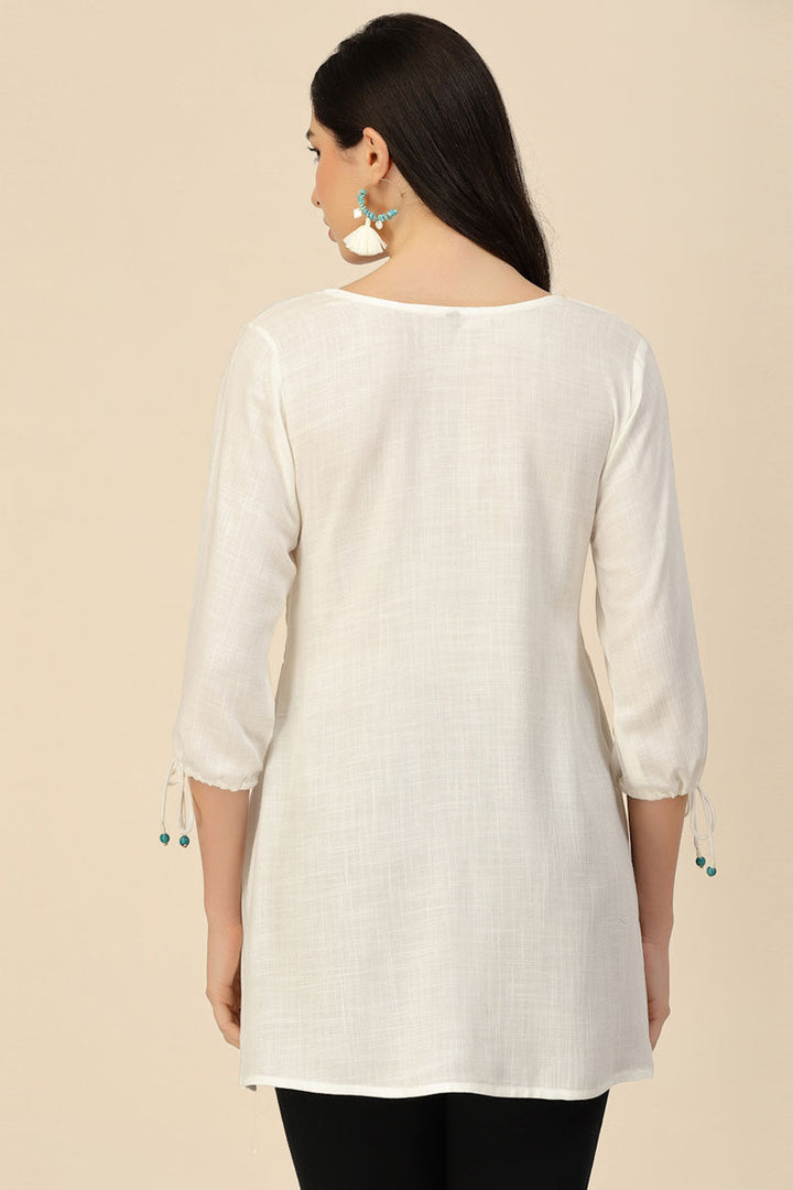 White Color Embroidered Rayon Readymade Short Kurti
