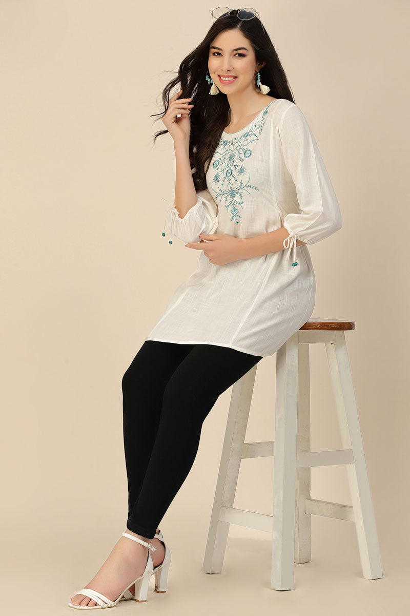 White Color Embroidered Rayon Readymade Short Kurti