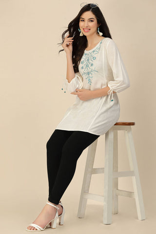 White Color Embroidered Rayon Readymade Short Kurti