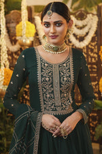 Load image into Gallery viewer, Georgette Fabric Dark Green Color Party Wear EmbroideDark Green Anarkali Dresses
