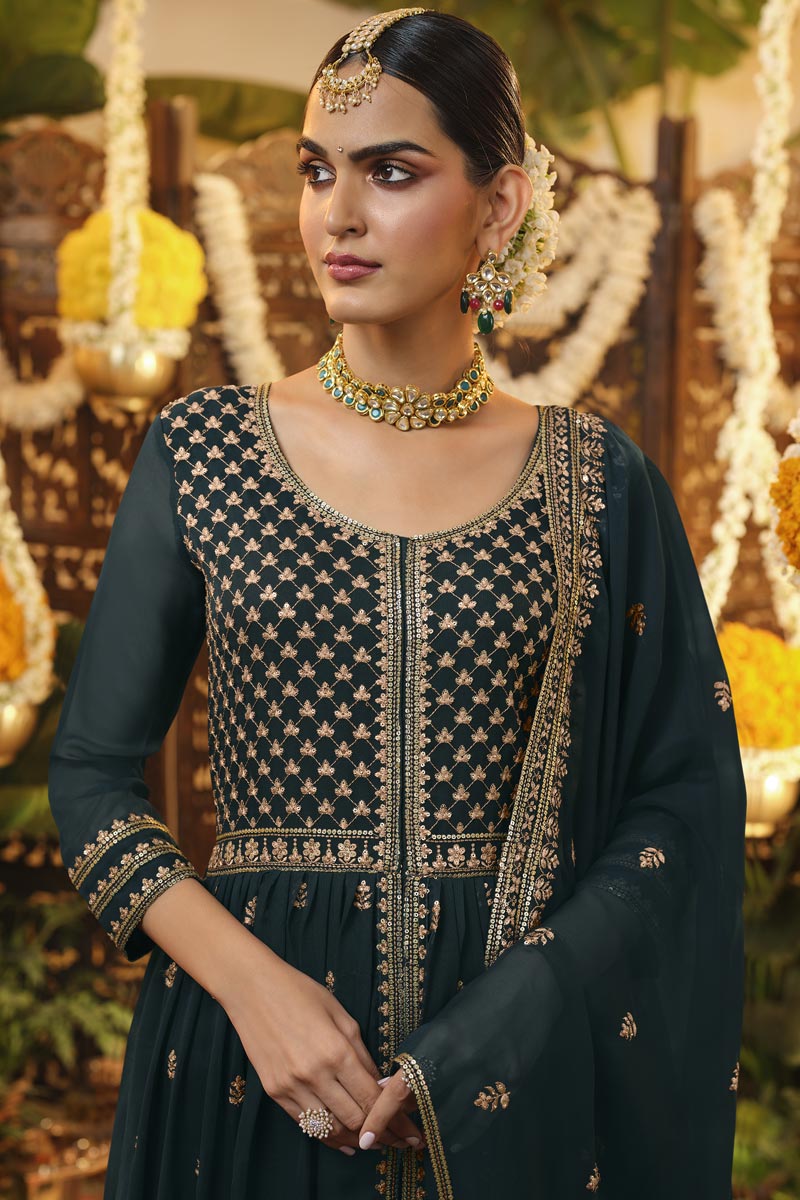 Party Wear Georgette Fabric Teal Color EmbroideTeal Anarkali Dresses