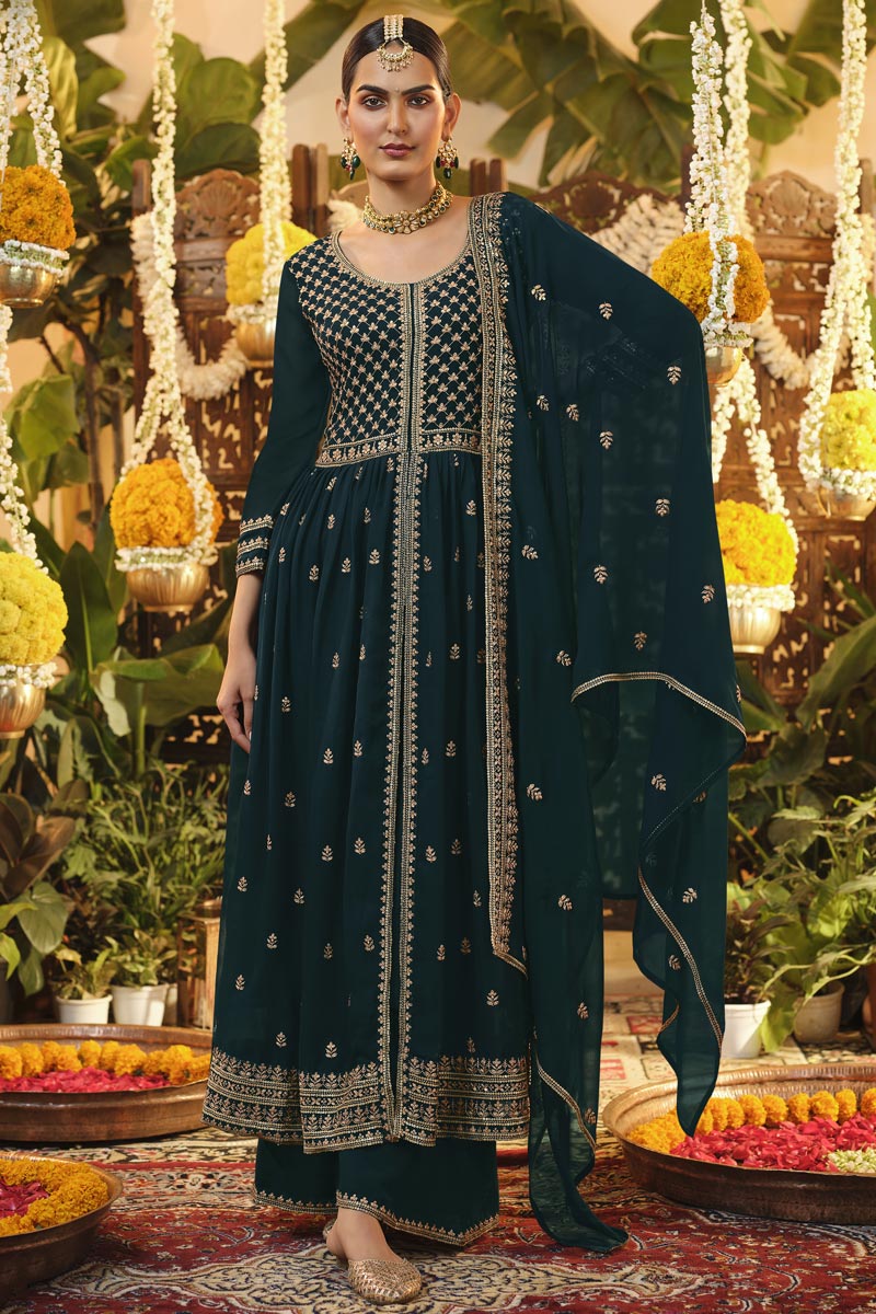 Party Wear Georgette Fabric Teal Color EmbroideTeal Anarkali Dresses