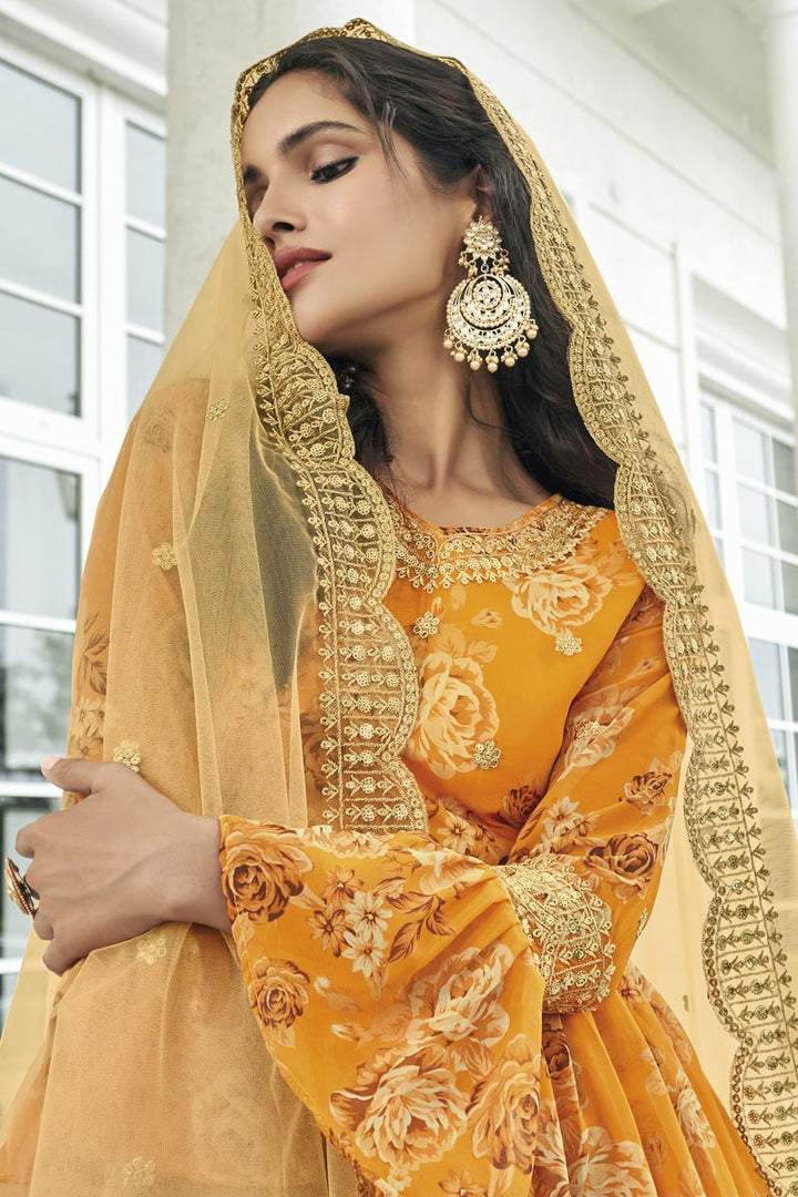 Precious Mustard Color Georgette Fabric Printed Sharara Suit