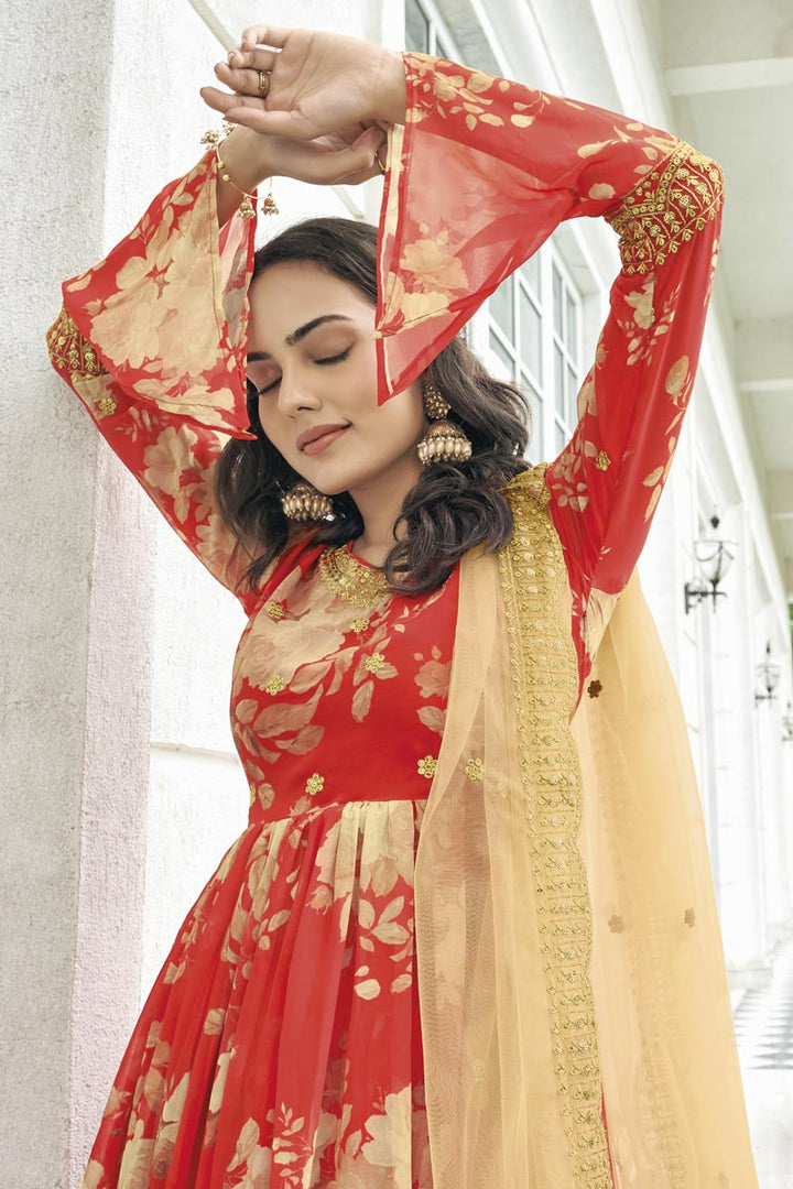Imposing Georgette Fabric Red Color Printed Sharara Suit
