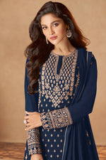 Load image into Gallery viewer, Navy Blue Color Function Wear Embroidered Georgette Sharara Suit
