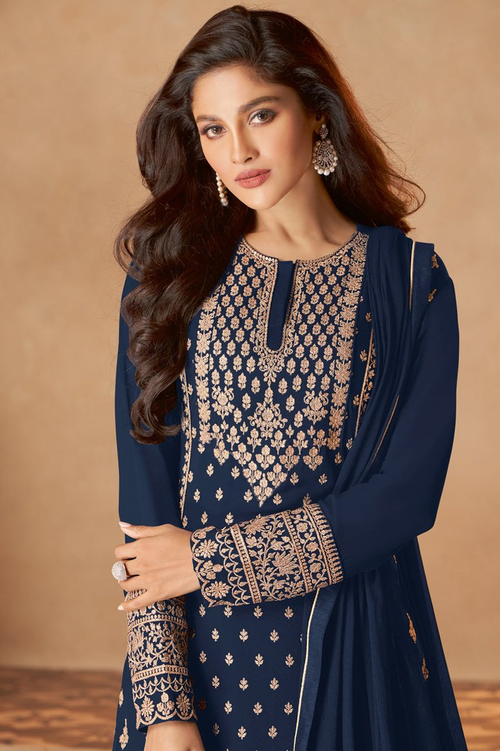 Navy Blue Color Function Wear Embroidered Georgette Sharara Suit