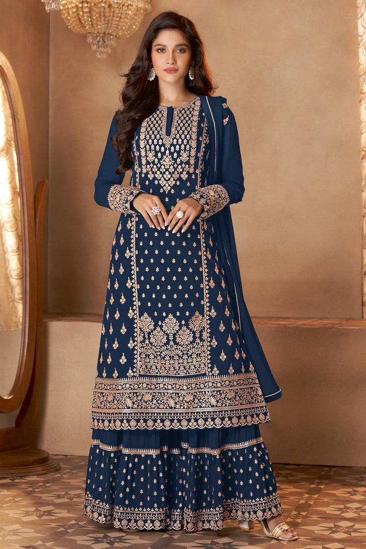 Navy Blue Color Function Wear Embroidered Georgette Sharara Suit