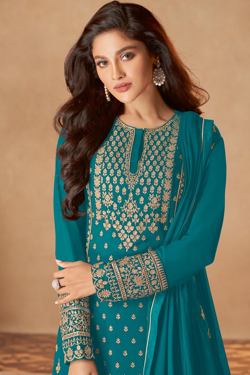 Georgette Function Wear Embroidered Sharara Suit In Cyan Color
