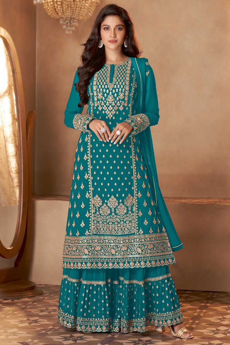 Georgette Function Wear Embroidered Sharara Suit In Cyan Color