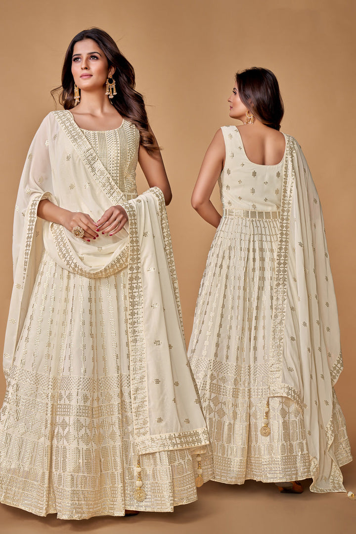 Beguiling Sequins Work On White Color  Georgette Gown With Dupatta