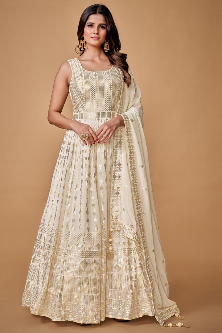 Beguiling Sequins Work On White Color  Georgette Gown With Dupatta