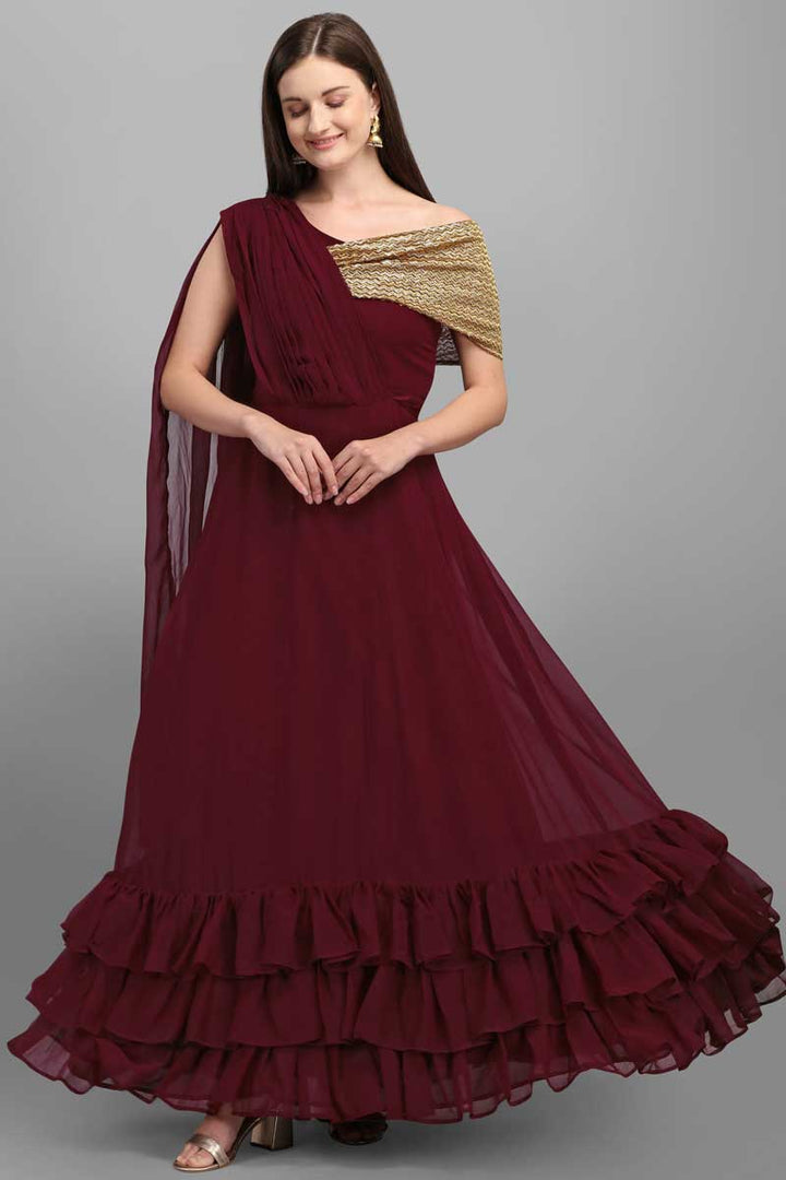 Maroon Color Georgette Fabric Admirable Gown In Function Wear