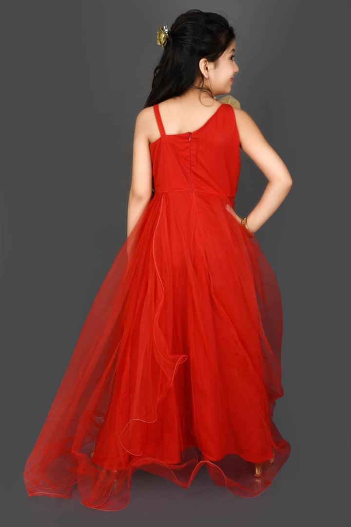 Party Style Designer Fancy Fabric Red Ethnic Gown For Girls