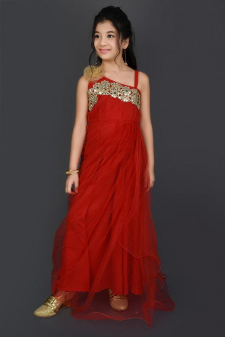 Party Style Designer Fancy Fabric Red Ethnic Gown For Girls